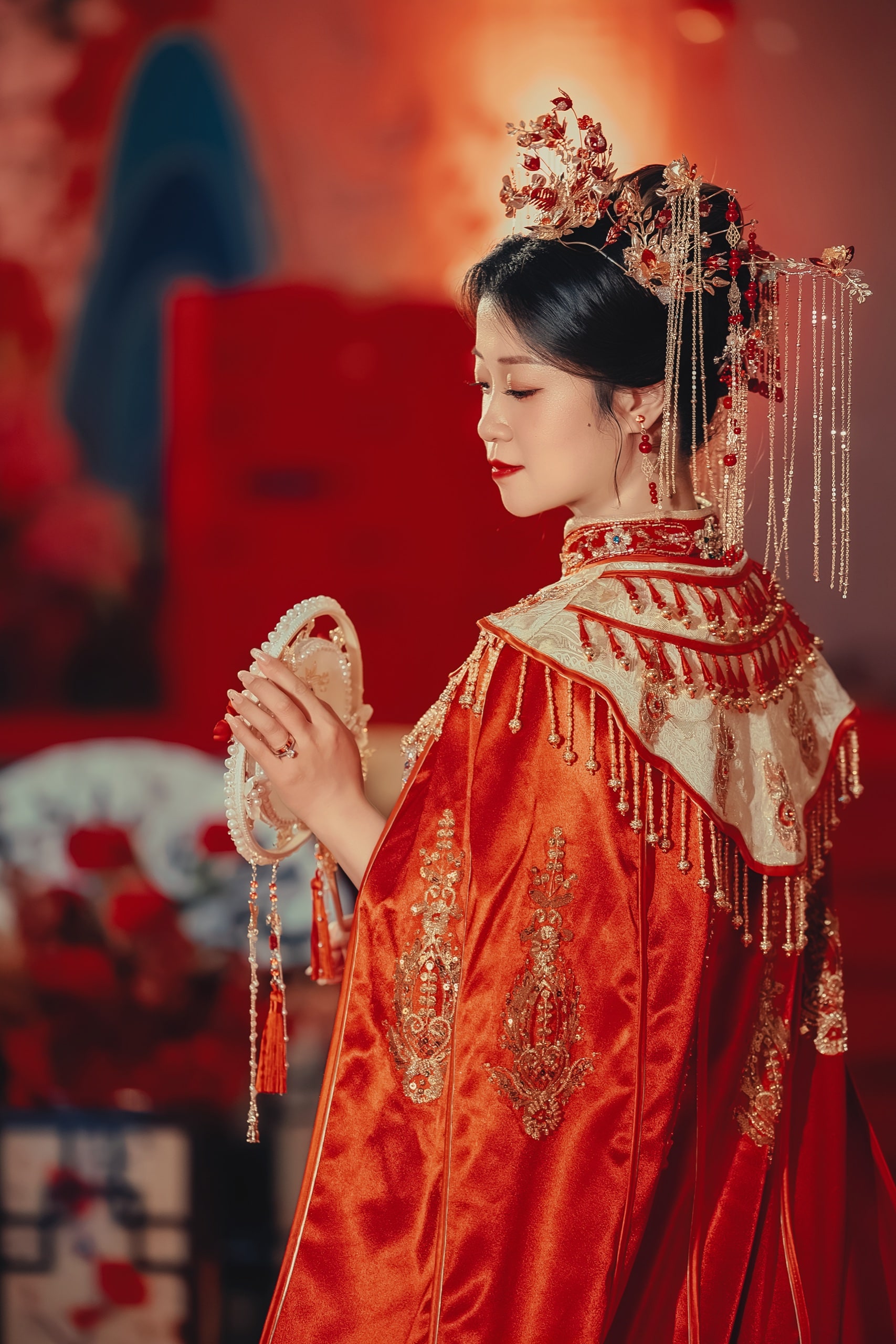 Bride in red 龙凤褂 and traditional headdress, quiet portrait moment — Orchid Photo, GTA Chinese wedding