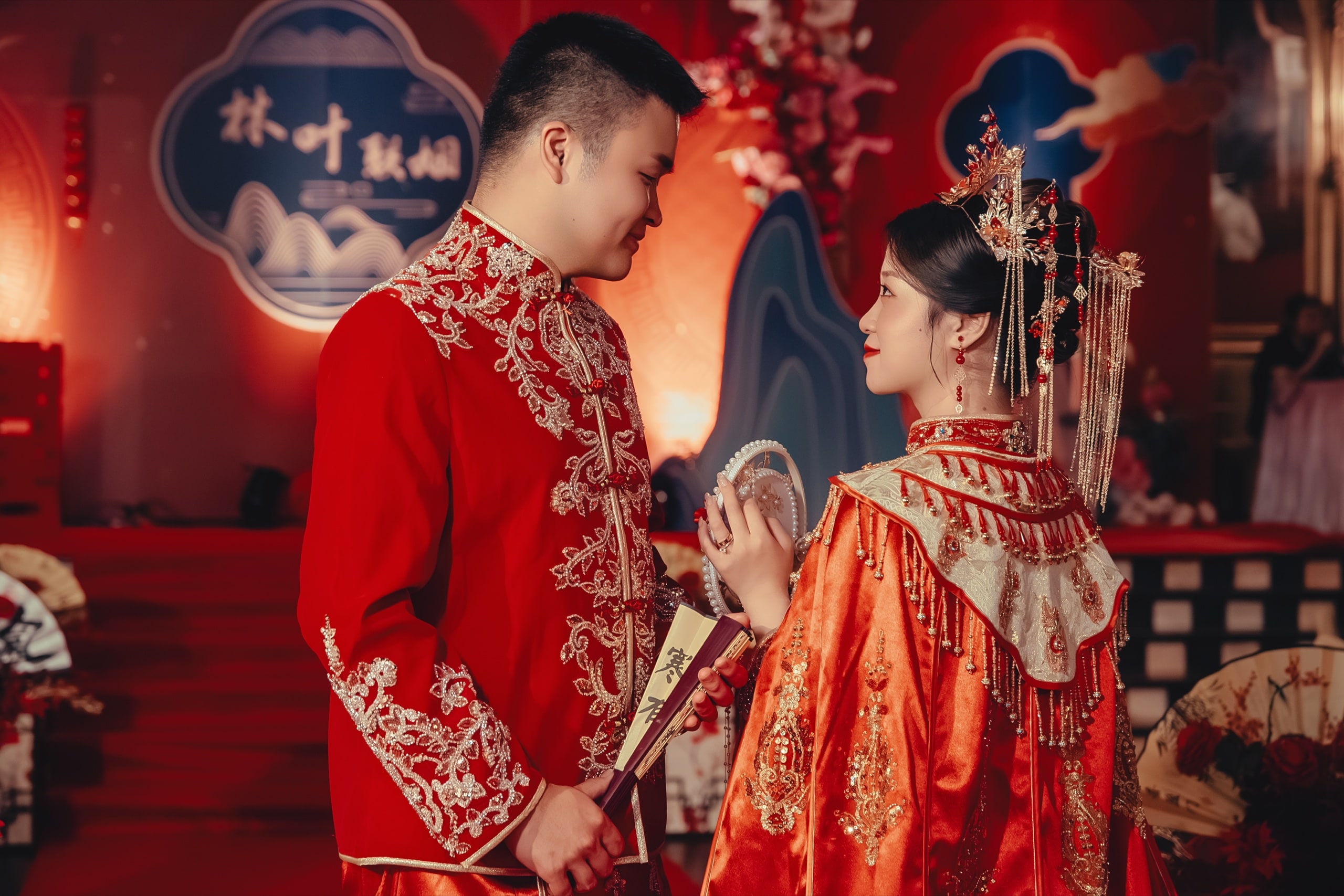 Bride and groom face-to-face in red ceremonial attire — Orchid Photo, GTA Chinese wedding