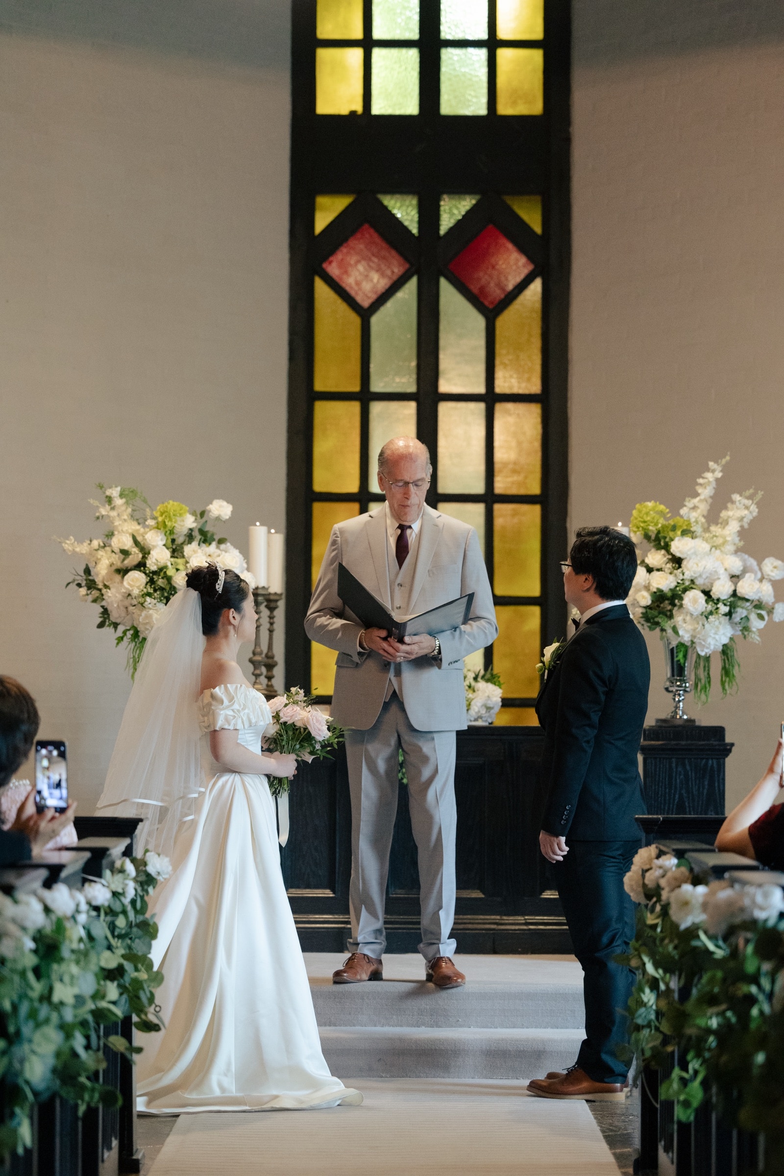 The wedding processional down the chapel aisle