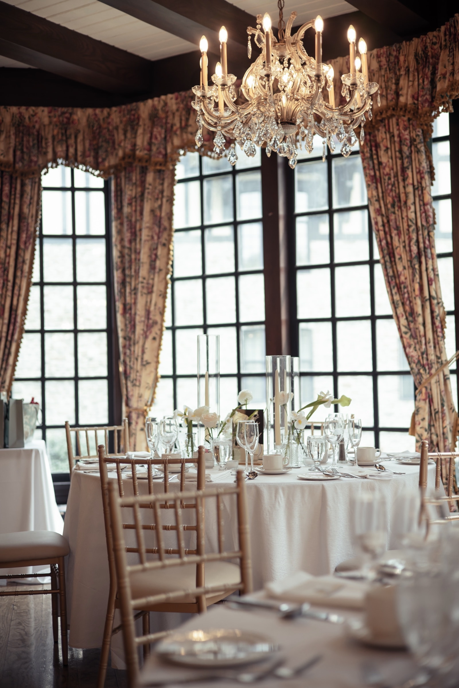 Candlelit reception tablescape with white and blush florals