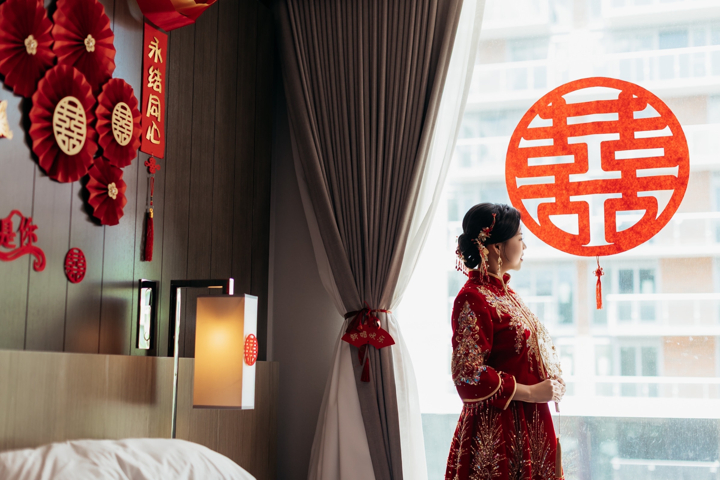 Red bridal details by the window