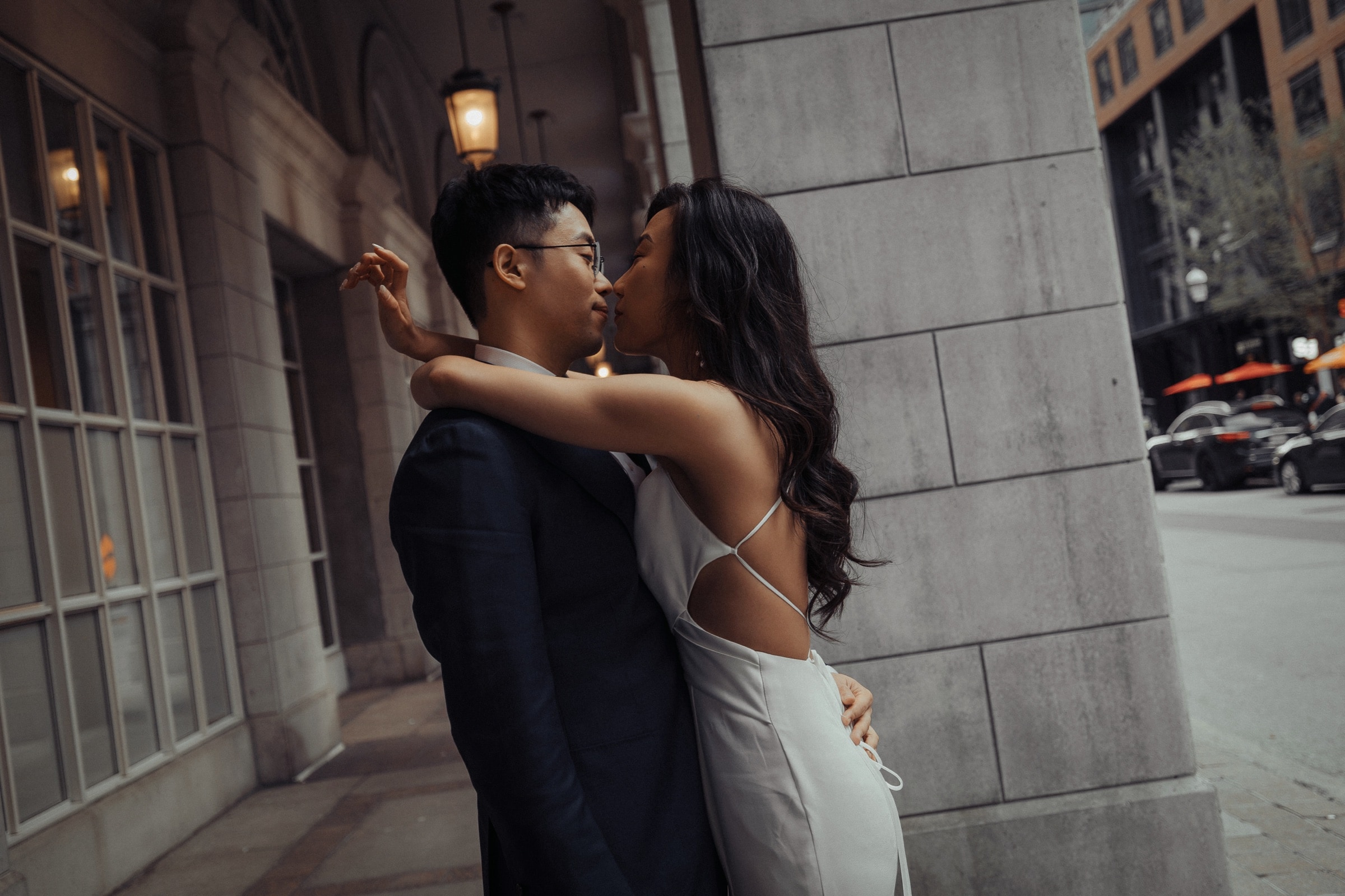 The couple in a tender embrace