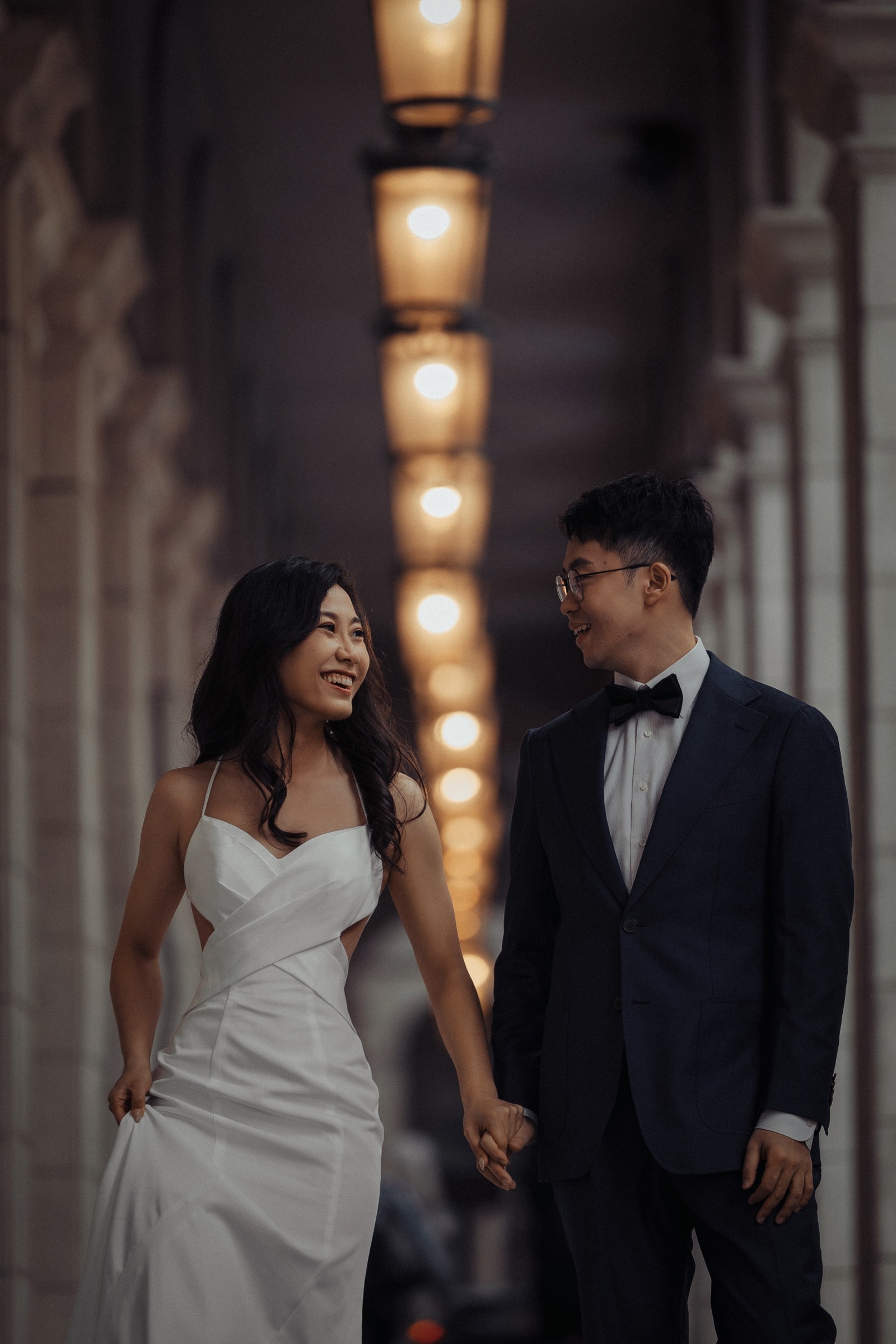 A black-and-white portrait of the couple