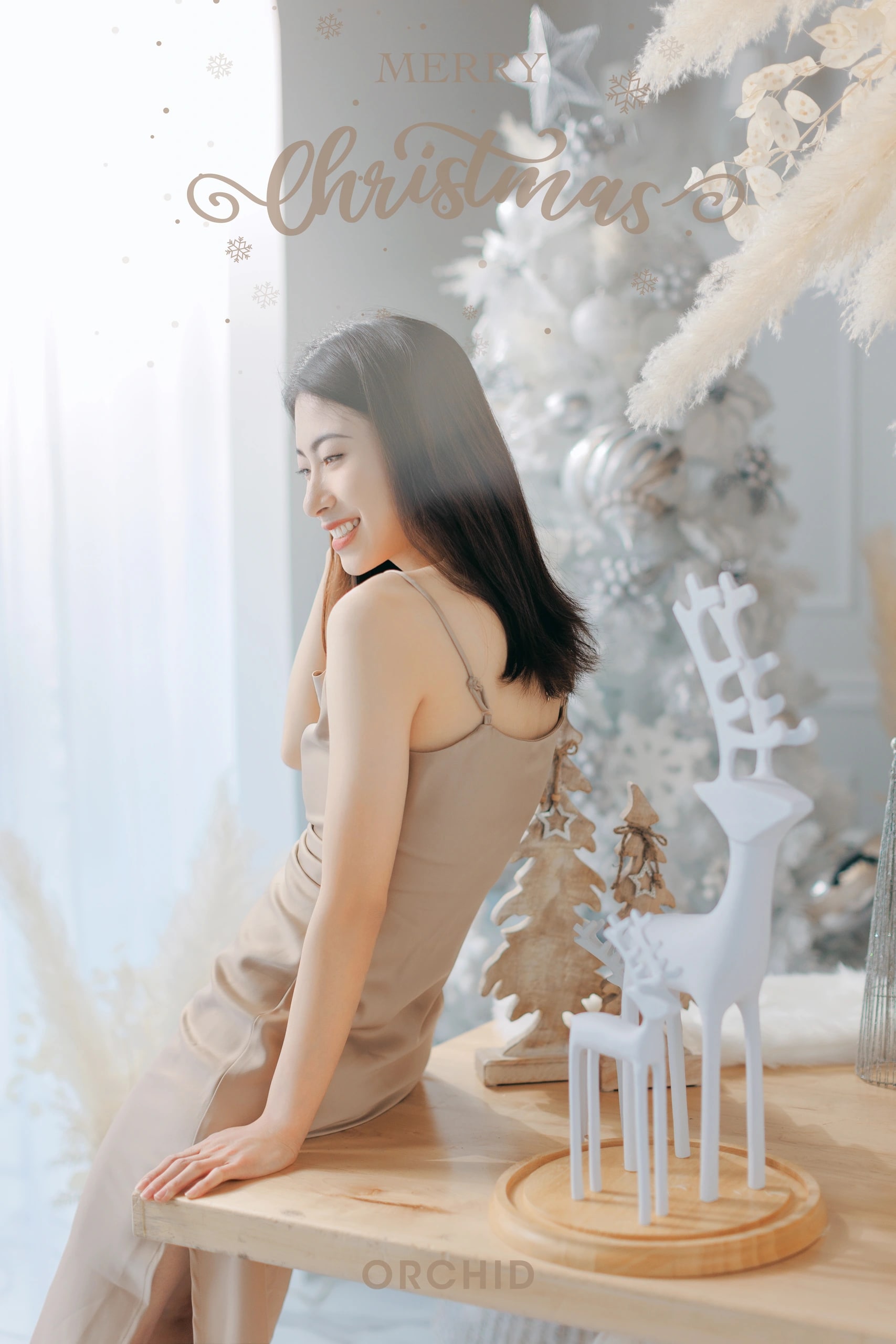 Winter Whispers — a portrait in beige by the white cabin